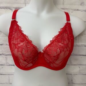Curvy Kate Bra USA 38I Stand Out Scooped Plunge Fiery Red Unlined Sheer Feminine